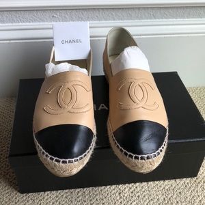 CHANEL Lambskin CC Espadrilles 39 Beige Black